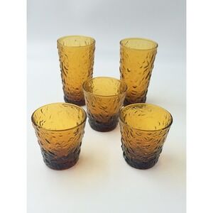 Vintage Amber Textured Glass Tumblers Set 5 Retro 70s Juice Drinking Glasses